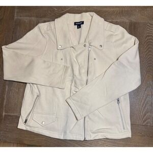 Studio Park Womens Cream Fleece Moto Jacket Asymmetric Zip Sweatshirt Size M